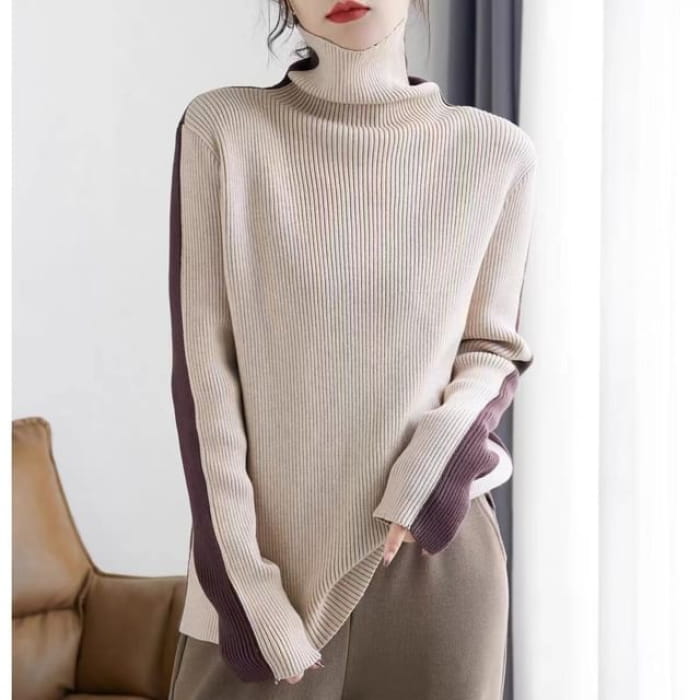 Turtleneck Colorblock Ribbed-Knit Sweater - Almond