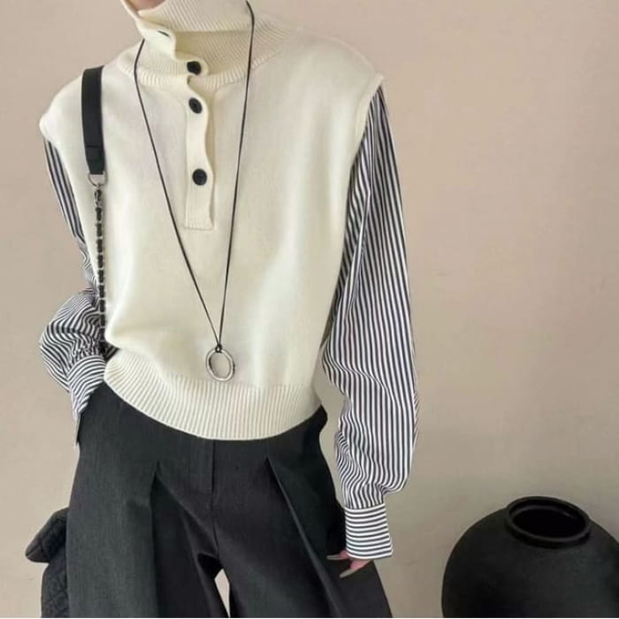 Turtleneck Mock Two-Piece Loose Knit Top - White / One SIze