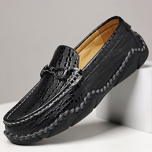 Men’s Loafers – Moc-Toe Textured Crocodile Driving Black