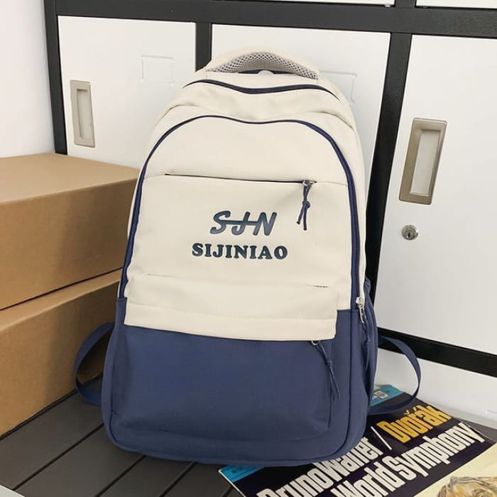 Two Tone Lettering Zip Backpack - Blue / One Size