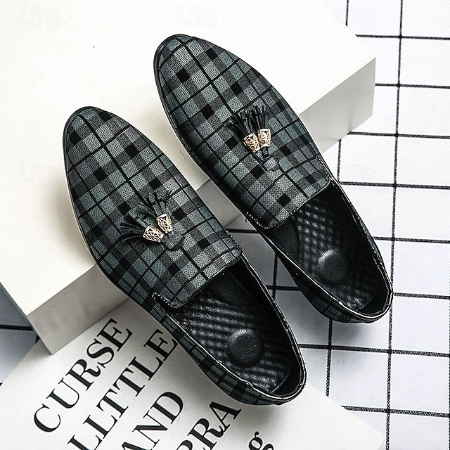 Decoration with Tassel Men's – Plaid Loafers Elegant