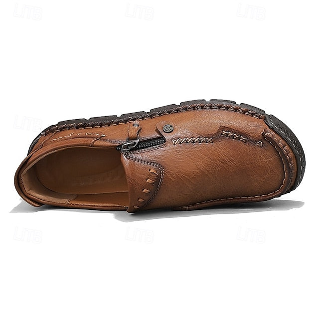 with Leather Brown Men's Side Faux Slip-On Zipper Loafers
