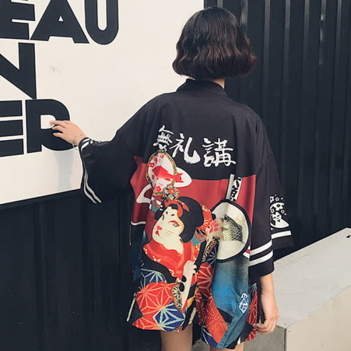 Vintage Ainme Character Print Cardigan Shirt - Black