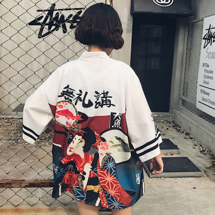 Vintage Ainme Character Print Cardigan Shirt - White