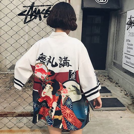 Vintage Ainme Character Print Cardigan Shirt - White