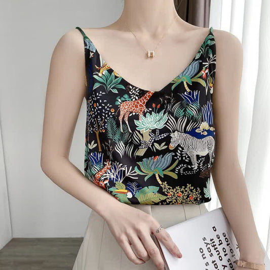 Vintage Animals Floral Satin Cami Top Workwear - Black / M