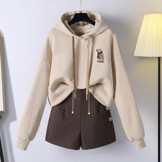 Vintage Bear Embroidery Draw String Hoodie High Waist