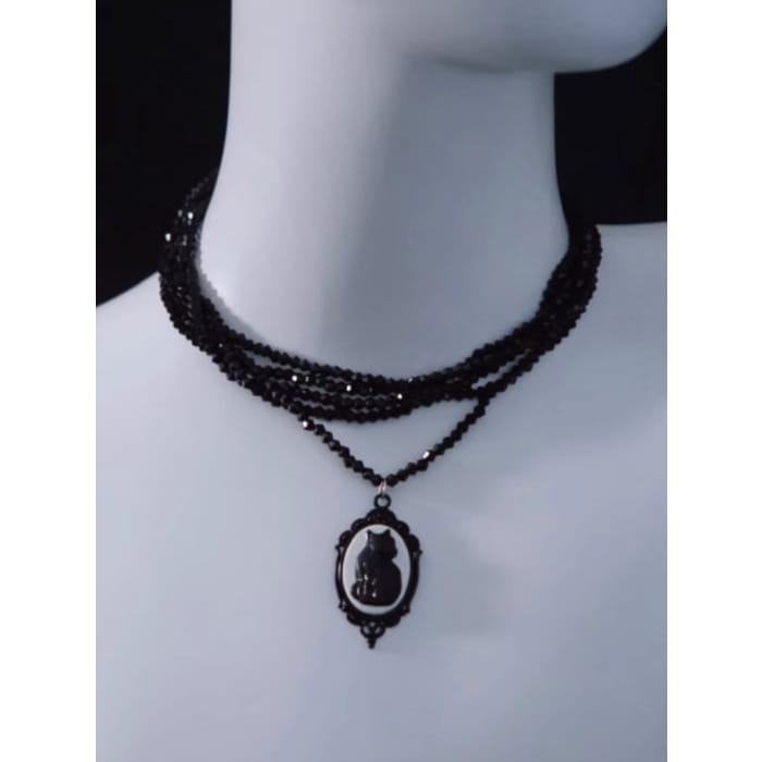 Vintage Black Cat Pendant Multi Layers Necklace - Free Size