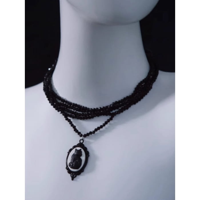 Vintage Black Cat Pendant Multi Layers Necklace - Free Size