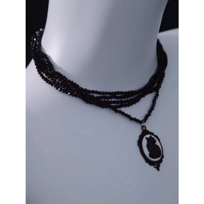 Vintage Black Cat Pendant Multi Layers Necklace - Free Size