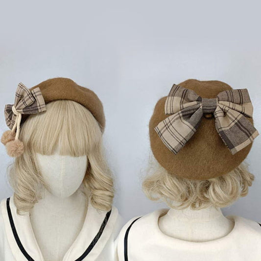 Vintage Bow Knot Plaid Lolita Beret - Brown / One Size