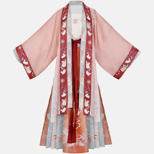 Vintage Cartoon Bunny Floral Embroidery Hanfu Set - Orange