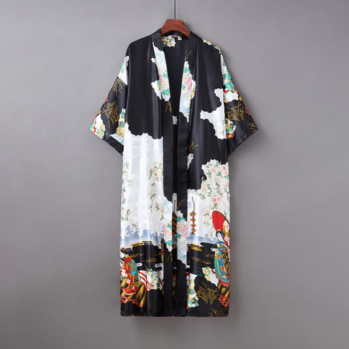 Vintage Chinese Print Robe Long Cardigan Outerwear - Black