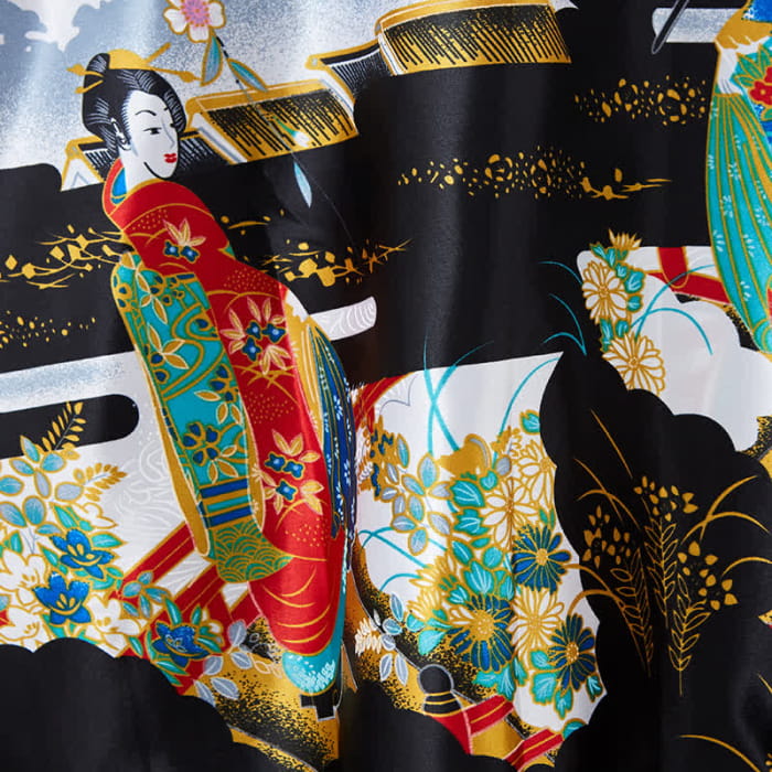 Vintage Chinese Print Robe Long Cardigan Outerwear - Black