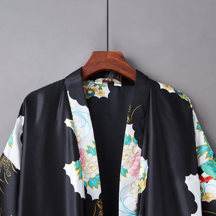 Vintage Chinese Print Robe Long Cardigan Outerwear - Black