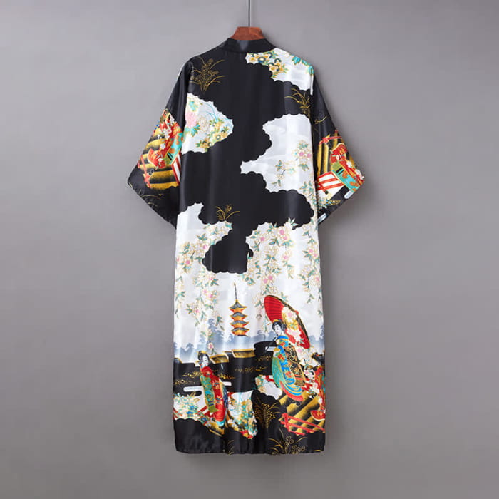Vintage Chinese Print Robe Long Cardigan Outerwear - Black
