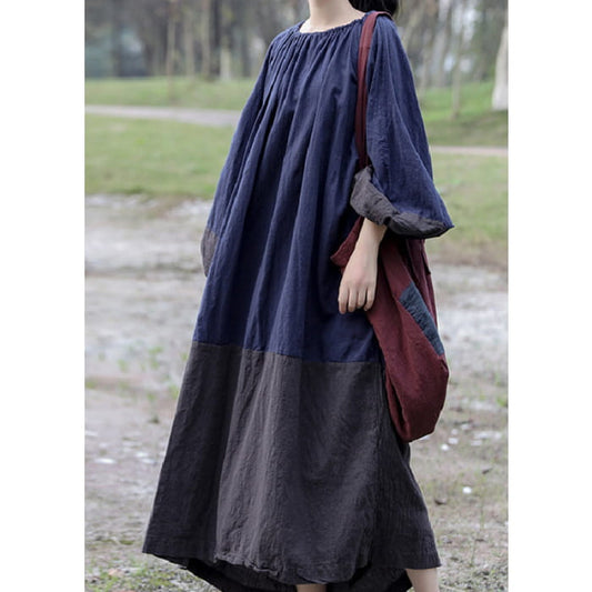 Vintage Colorblock Cinched Patchwork Maxi Dresses Long