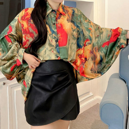 Vintage Floral Batwing Sleeve Lapel Shirt Workwear - Green