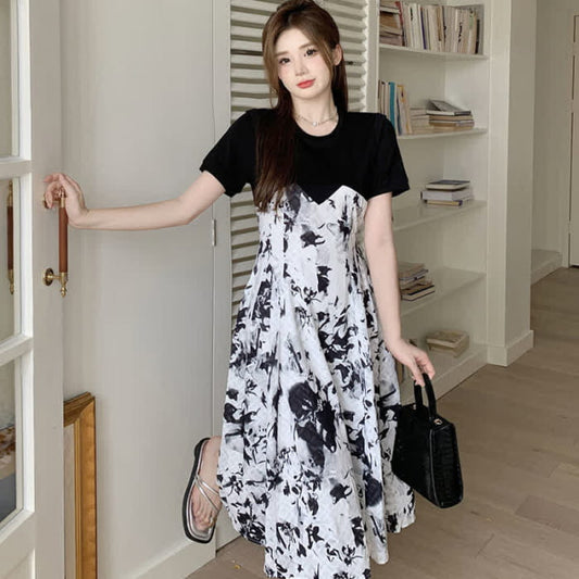 Vintage Floral Print Loose T-Shirt Dress - Black / M