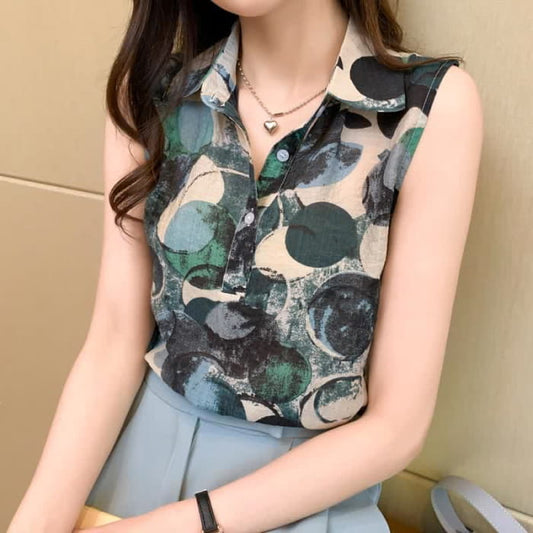Vintage Floral Print Sleeveless Shirt Workwear - Green / M