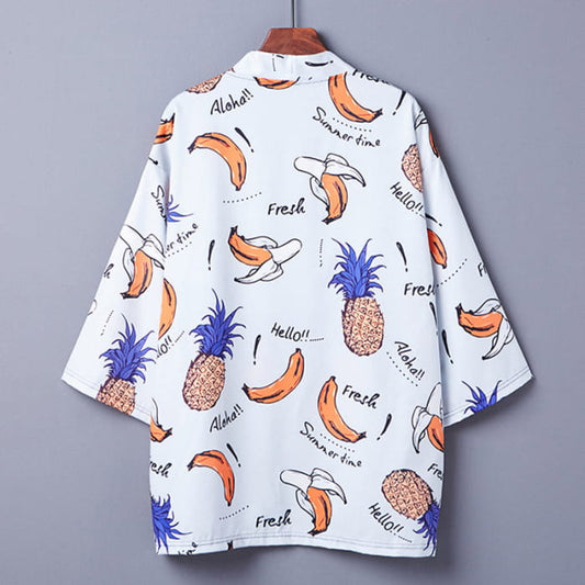 Vintage Fruits Print Kimono Outerwear - White / One Size