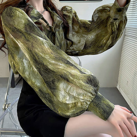 Vintage Green Embroidery Long Sleeve Shirt - One Size