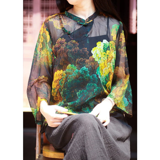 Vintage Photo Color Stand Collar Print Button Tulle Shirt