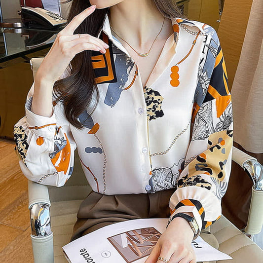 Vintage Print Chiffon Shirt Workwear - Orange / M