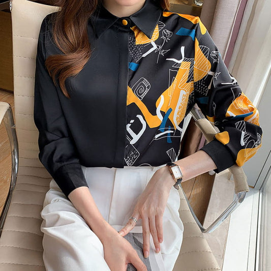 Vintage Print Colorblock Shirt Workwear - Black / S