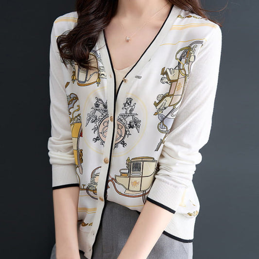 Vintage Printed Patchwork Knitted Cardigan - White / M