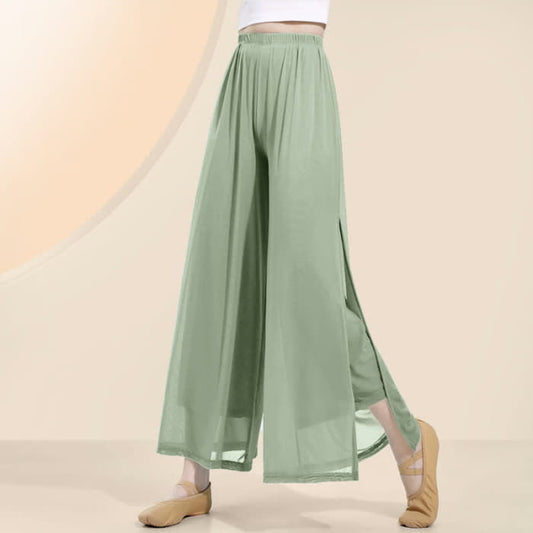 Vintage Pure Color Mesh Flowy Split Casual Pants - Green