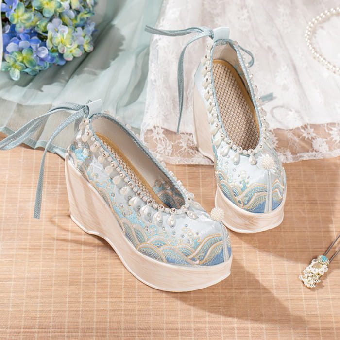 Vintage Wave Print Pearl Platform High Heels Shoes