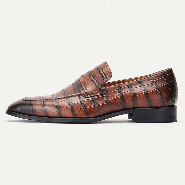 Brown - Men's Dress Leather Shoes Crocodile Pattern Classic