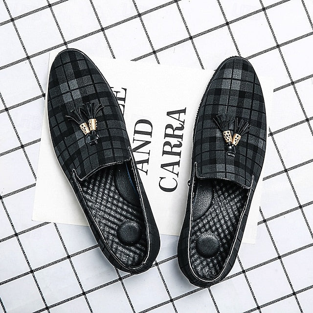 Decoration with Tassel Men's – Plaid Loafers Elegant