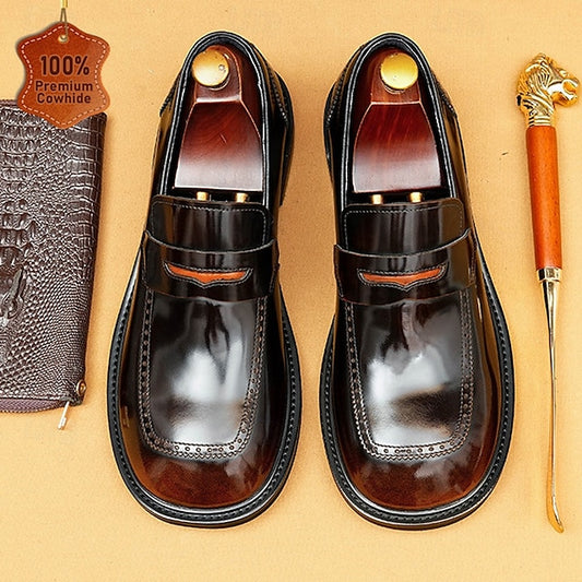 Slip-On Premium Cowhide Black Loafers with Decorative Men's