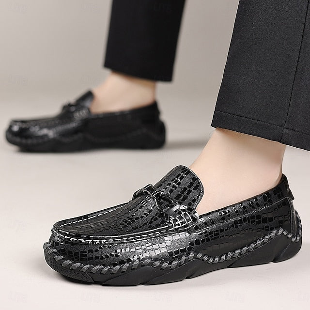 Men’s Loafers – Moc-Toe Textured Crocodile Driving Black