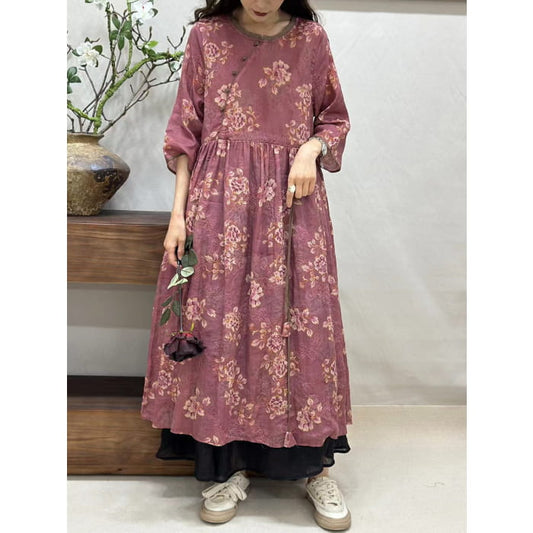 Women Summer Vintage Floral Spliced Ramie Loose Dress