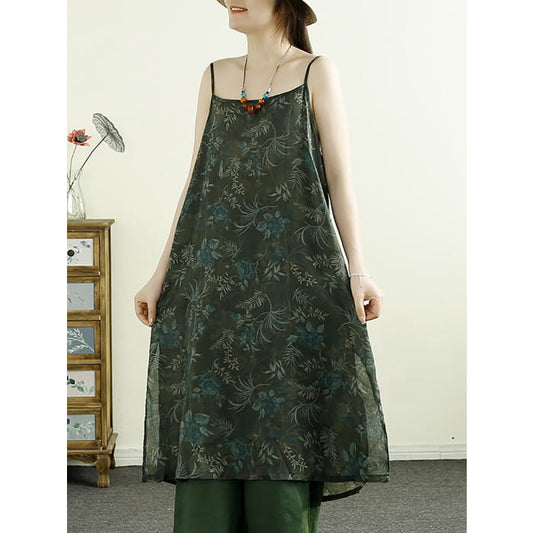 Women Summer Vintage Flower Ramie Vest Dress BN1035