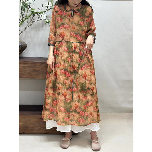 Women Summer Vintage Flower Turn-down Collar Ramie Dress