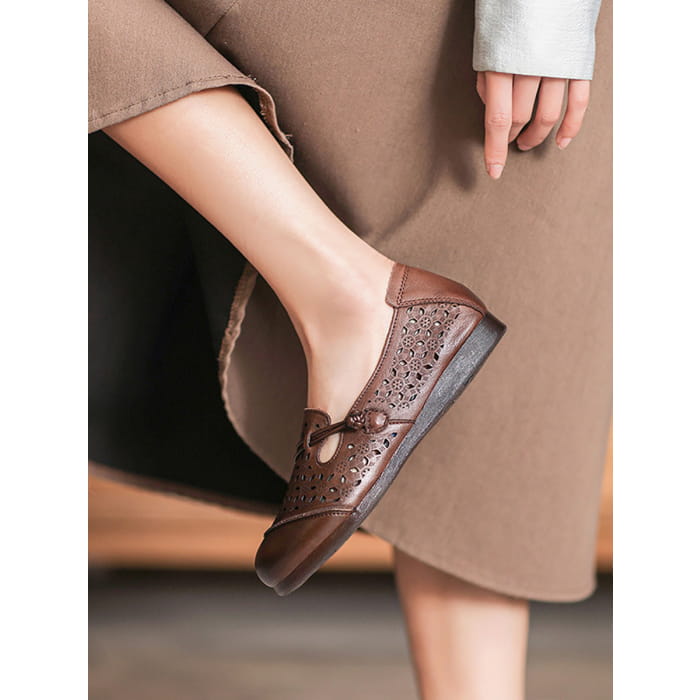 Women Summer Vintage Leather Cutout Soft Flat Shoes BN1038