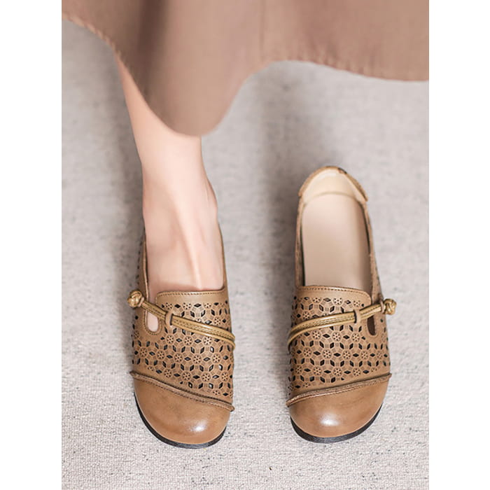 Women Summer Vintage Leather Cutout Soft Flat Shoes BN1038