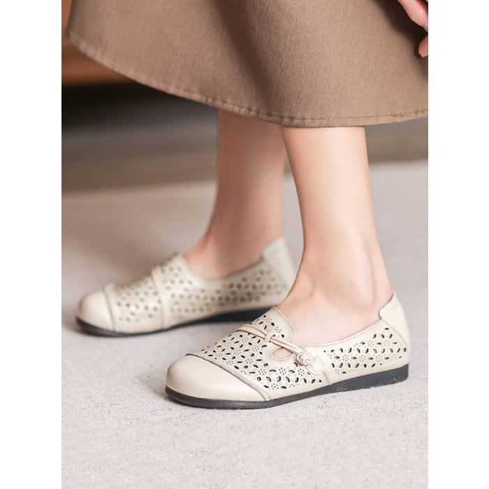 Women Summer Vintage Leather Cutout Soft Flat Shoes BN1038