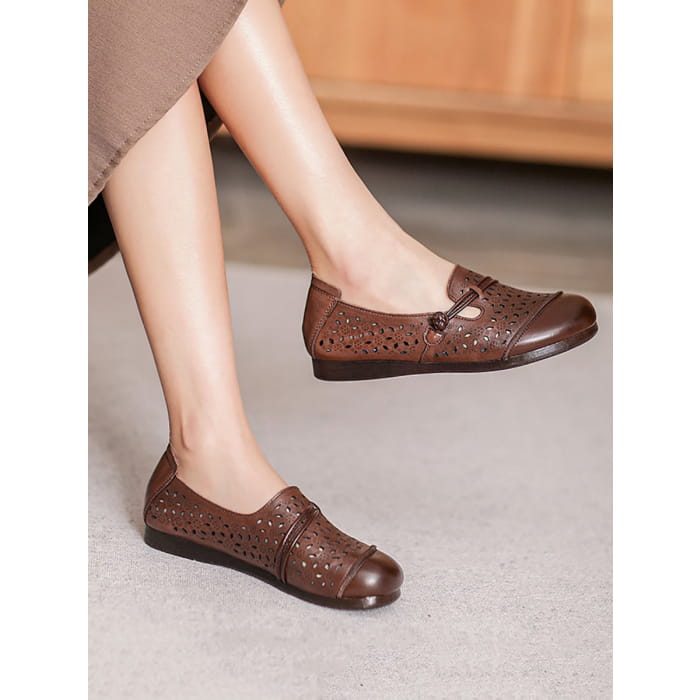 Women Summer Vintage Leather Cutout Soft Flat Shoes BN1038