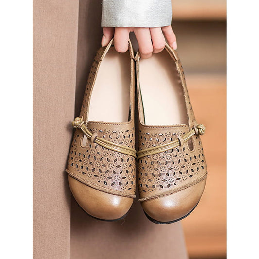 Women Summer Vintage Leather Cutout Soft Flat Shoes BN1038