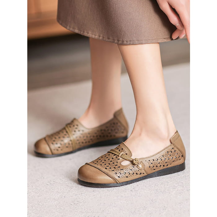 Women Summer Vintage Leather Cutout Soft Flat Shoes BN1038