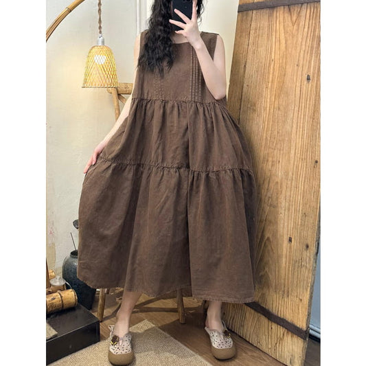 Women Summer Vintage Solid Shirred Linen Vest Dress BN1042