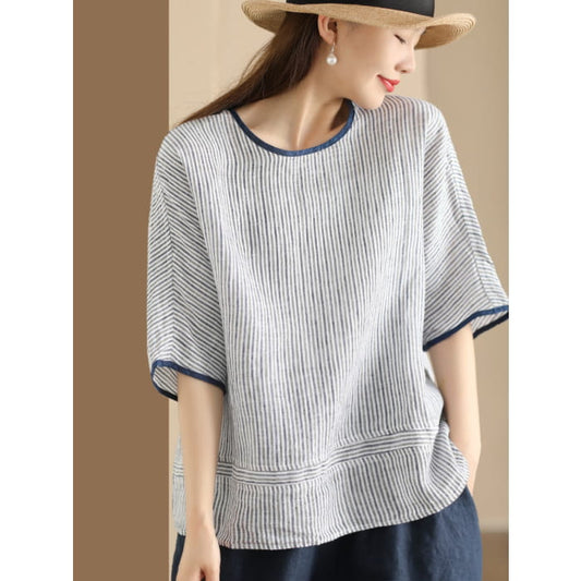 Women Summer Vintage Stripe Spliced Linen Shirt BN1040