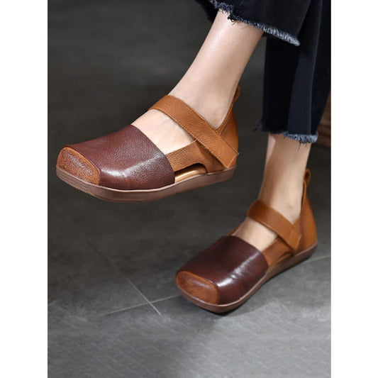 Women Vintage Summer Leather Colorblock Flat Shoes BN1003