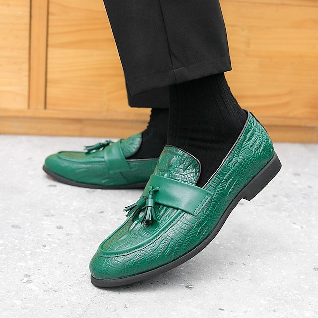 Crocodile Embossed with Faux Leather Men's Loafers Green