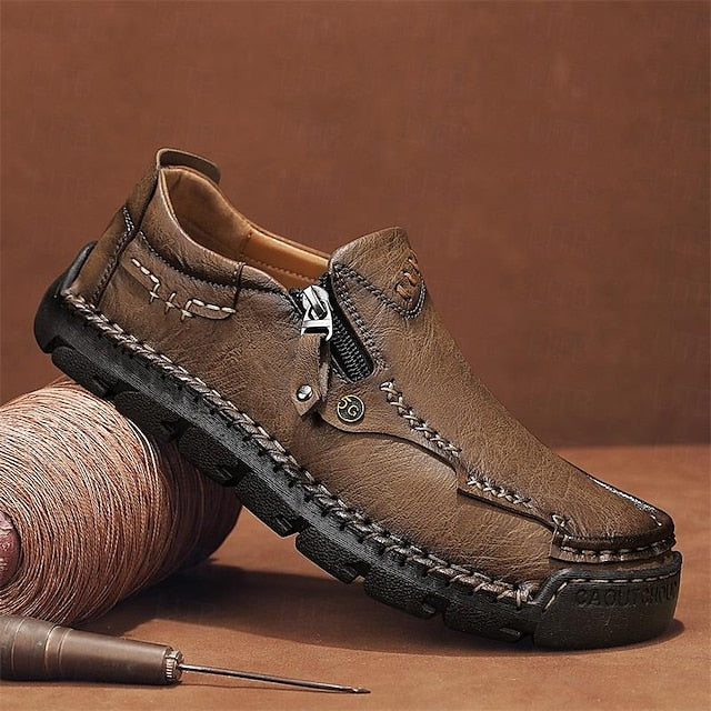 with Leather Brown Men's Side Faux Slip-On Zipper Loafers